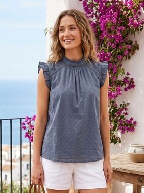 LOFT Grey Eyelet Flutter Sleeve Mock Neck Top L NWT Cottagecore Coquette Blouse